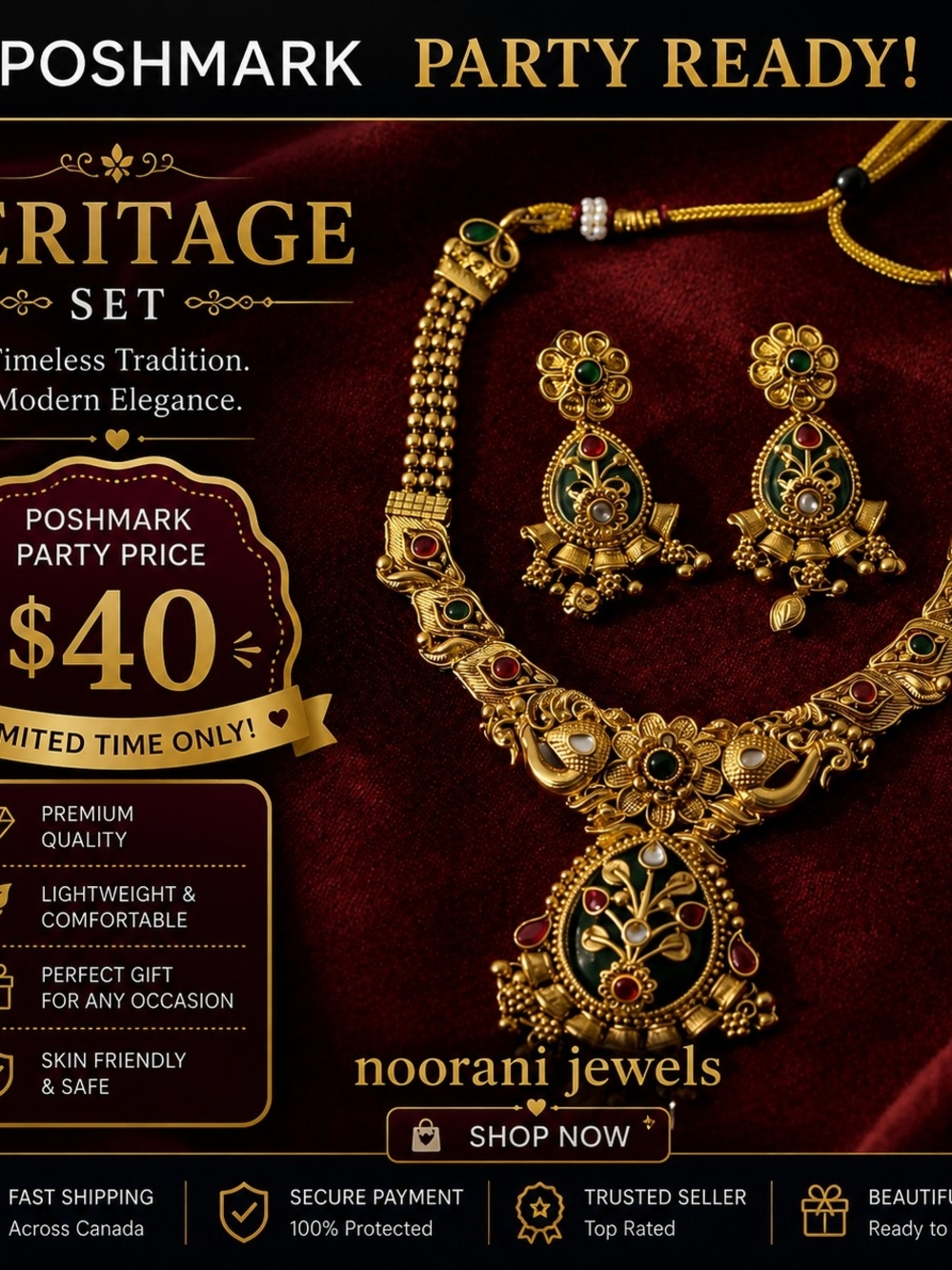 Noorani Jewels Green & Red Gold-Tone Heritage Necklace Set